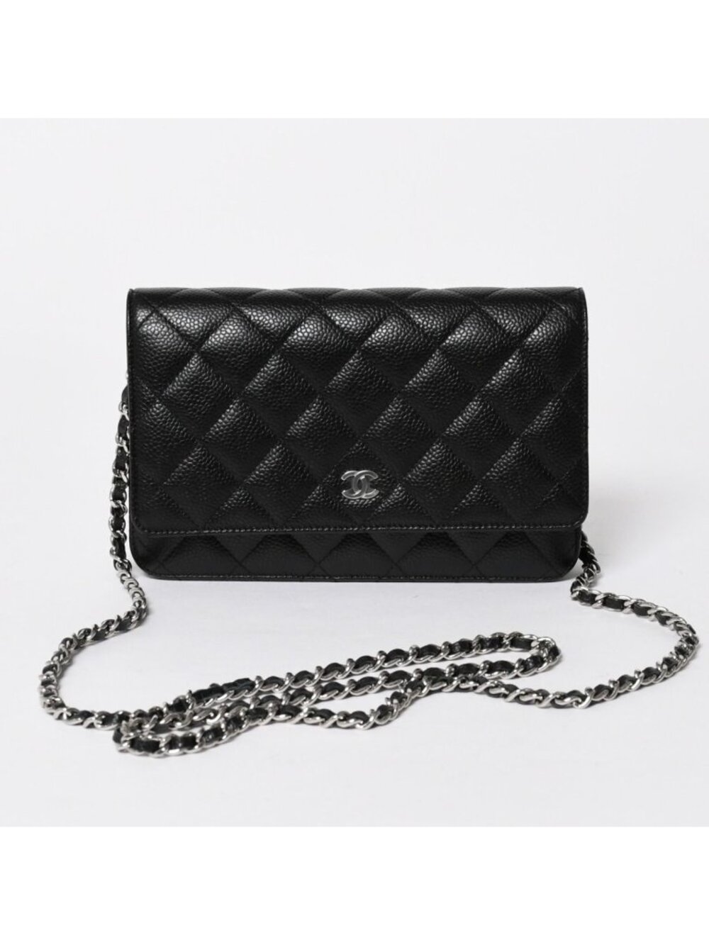 Chanel Quilted Chain Wallet Caviar Leather Black Silver Shoulder Bag